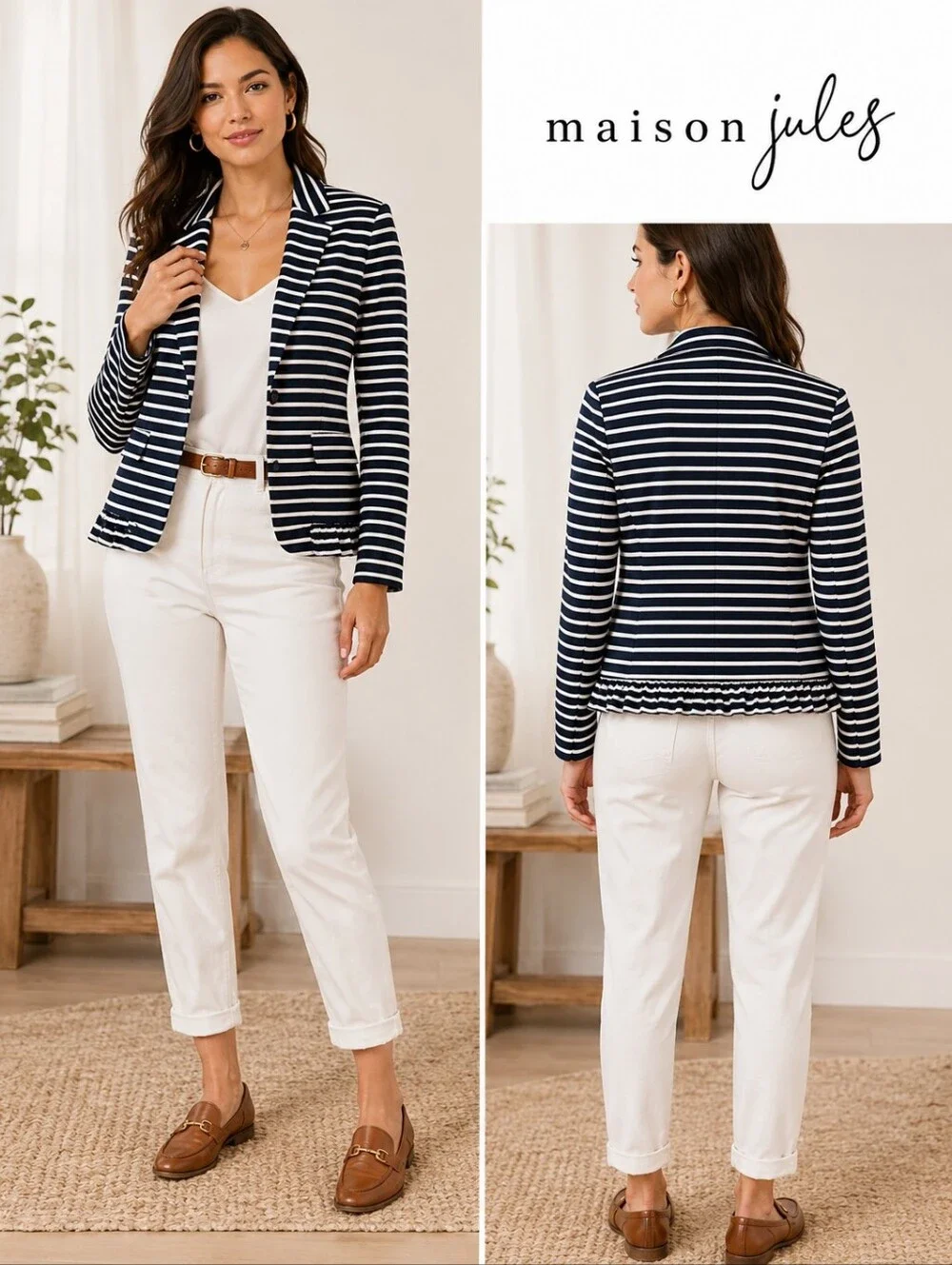 Maison Jules Navy White Striped Ruffle Hem Knit Blazer Preppy Career Size M